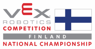 Kilpailulogo. Vex robotics competition finland national championship. Kuva Suomen lipusta.